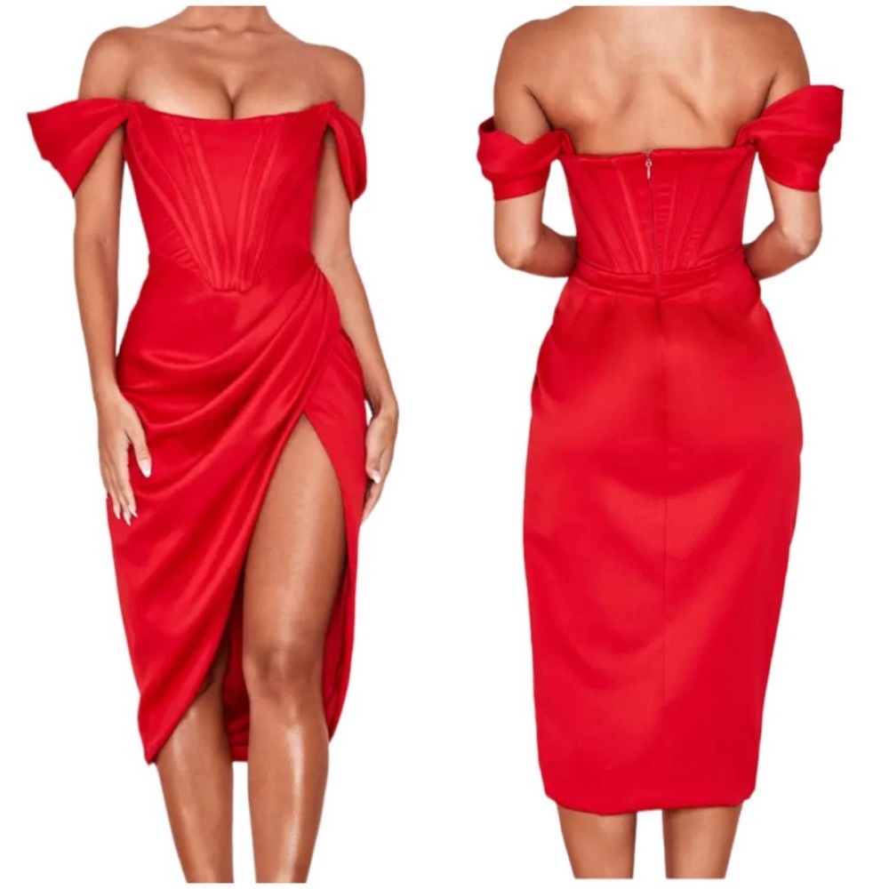 HOUSE OF CB  'LORETTA' RED SATIN OFF SHOULDER DRESS SEXY NIGHT OUT DATE ROMANCE